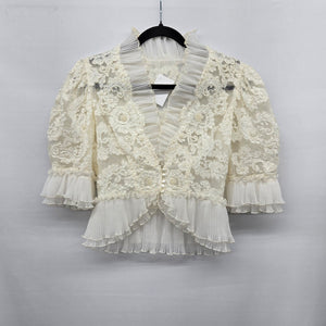 Vintage Ivory Lace Pearl Beaded Ruffle Blouse Jacket Pleated Trim Size M