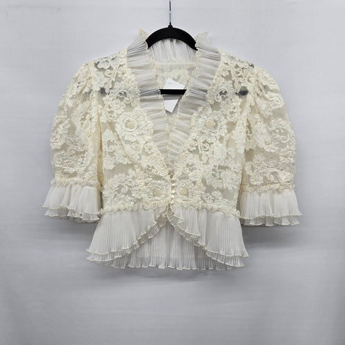 Vintage Ivory Lace Pearl Beaded Ruffle Blouse Jacket Pleated Trim Size M
