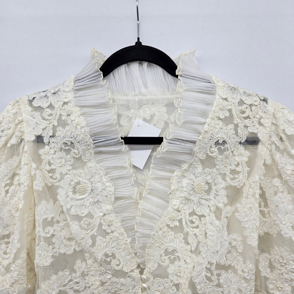 Vintage Ivory Lace Pearl Beaded Ruffle Blouse Jacket Pleated Trim Size M