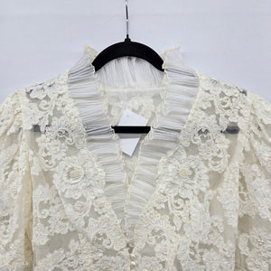 Vintage Ivory Lace Pearl Beaded Ruffle Blouse Jacket Pleated Trim Size M