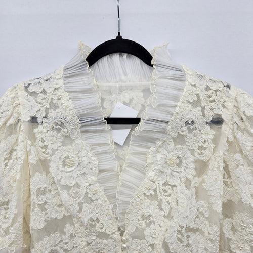 Vintage Ivory Lace Pearl Beaded Ruffle Blouse Jacket Pleated Trim Size M