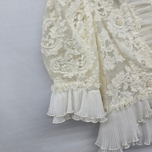 Vintage Ivory Lace Pearl Beaded Ruffle Blouse Jacket Pleated Trim Size M