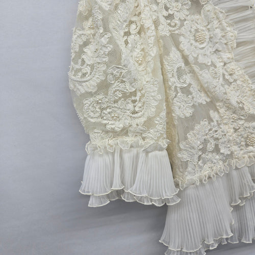 Vintage Ivory Lace Pearl Beaded Ruffle Blouse Jacket Pleated Trim Size M
