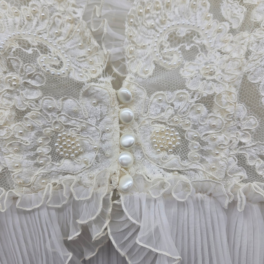 Vintage Ivory Lace Pearl Beaded Ruffle Blouse Jacket Pleated Trim Size M