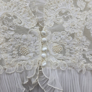 Vintage Ivory Lace Pearl Beaded Ruffle Blouse Jacket Pleated Trim Size M
