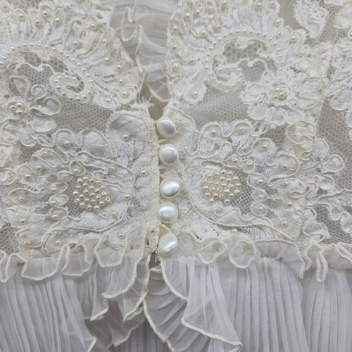 Vintage Ivory Lace Pearl Beaded Ruffle Blouse Jacket Pleated Trim Size M