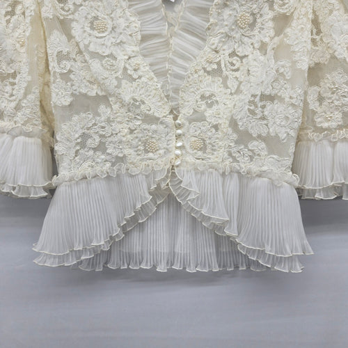 Vintage Ivory Lace Pearl Beaded Ruffle Blouse Jacket Pleated Trim Size M