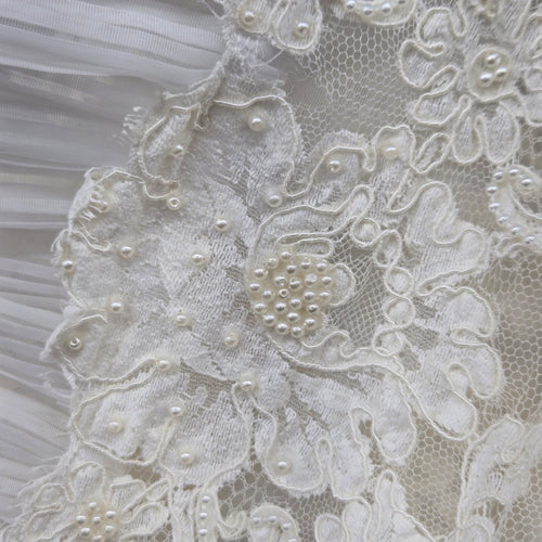 Vintage Ivory Lace Pearl Beaded Ruffle Blouse Jacket Pleated Trim Size M
