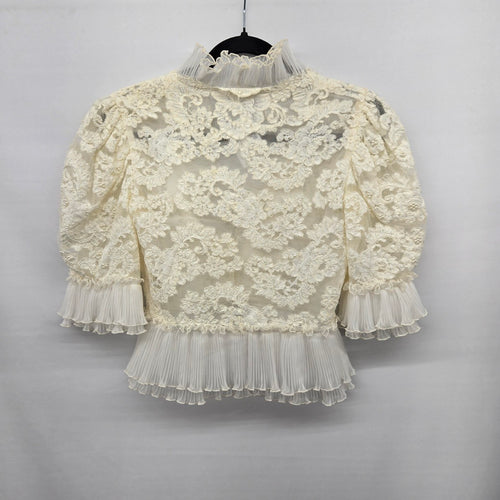 Vintage Ivory Lace Pearl Beaded Ruffle Blouse Jacket Pleated Trim Size M