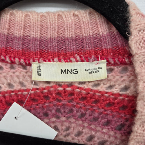 MNG Pink Red Chevron Open Knit Button Front Cardigan Sweater - Size 1XL