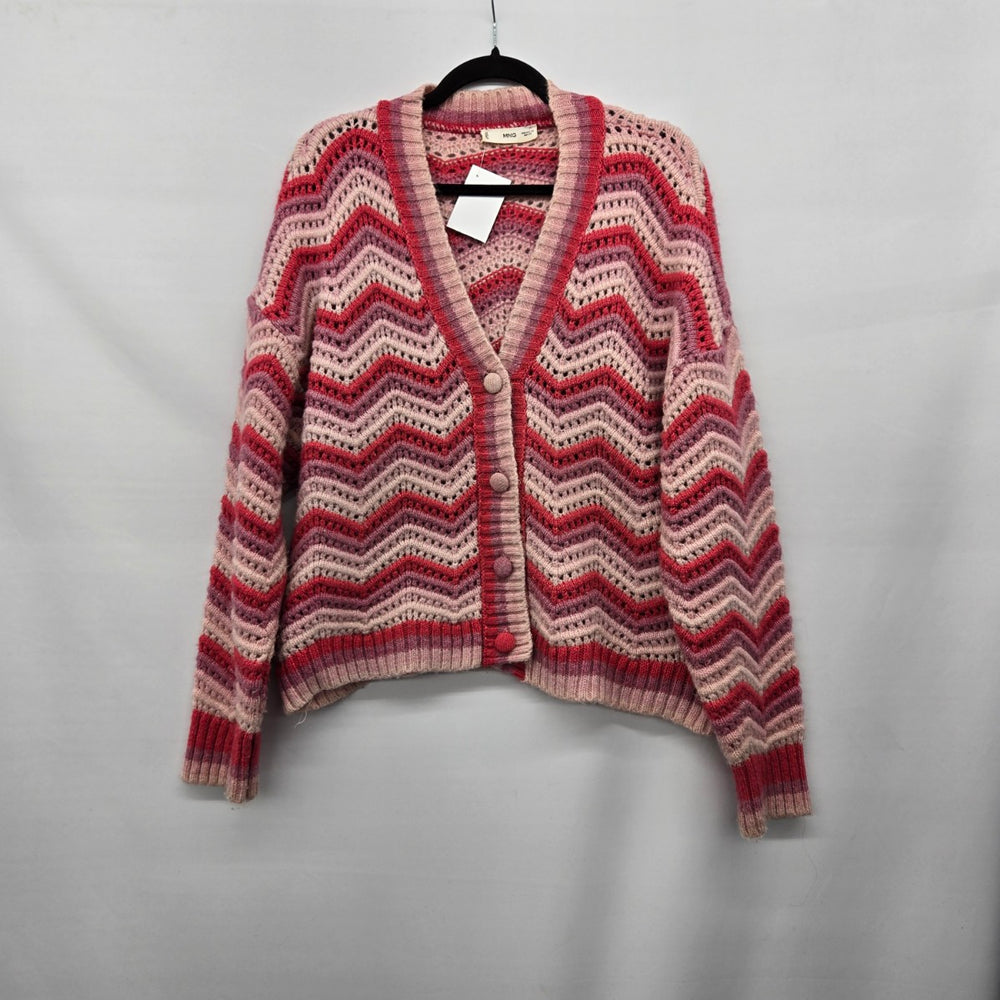 MNG Pink Red Chevron Open Knit Button Front Cardigan Sweater - Size 1XL