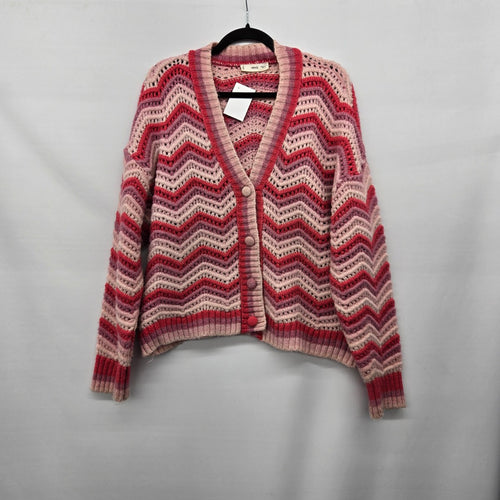 MNG Pink Red Chevron Open Knit Button Front Cardigan Sweater - Size 1XL
