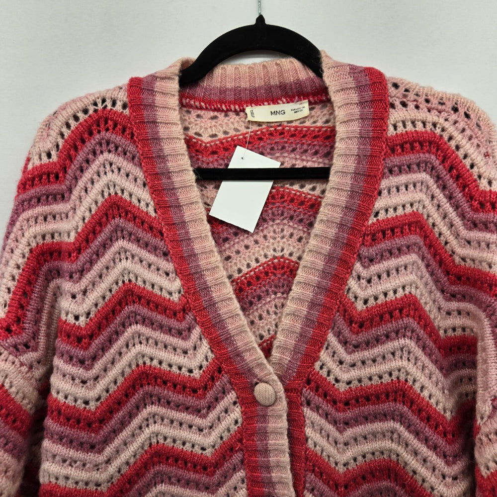 MNG Pink Red Chevron Open Knit Button Front Cardigan Sweater - Size 1XL