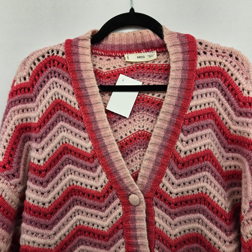MNG Pink Red Chevron Open Knit Button Front Cardigan Sweater - Size 1XL