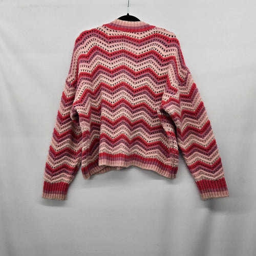MNG Pink Red Chevron Open Knit Button Front Cardigan Sweater - Size 1XL