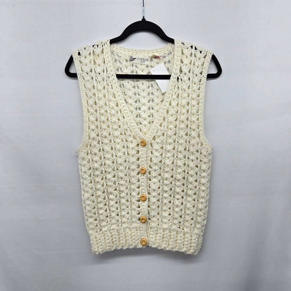 Vintage Barbra Sue Cream Crochet Knit Button Front Sweater Vest - Size S/M
