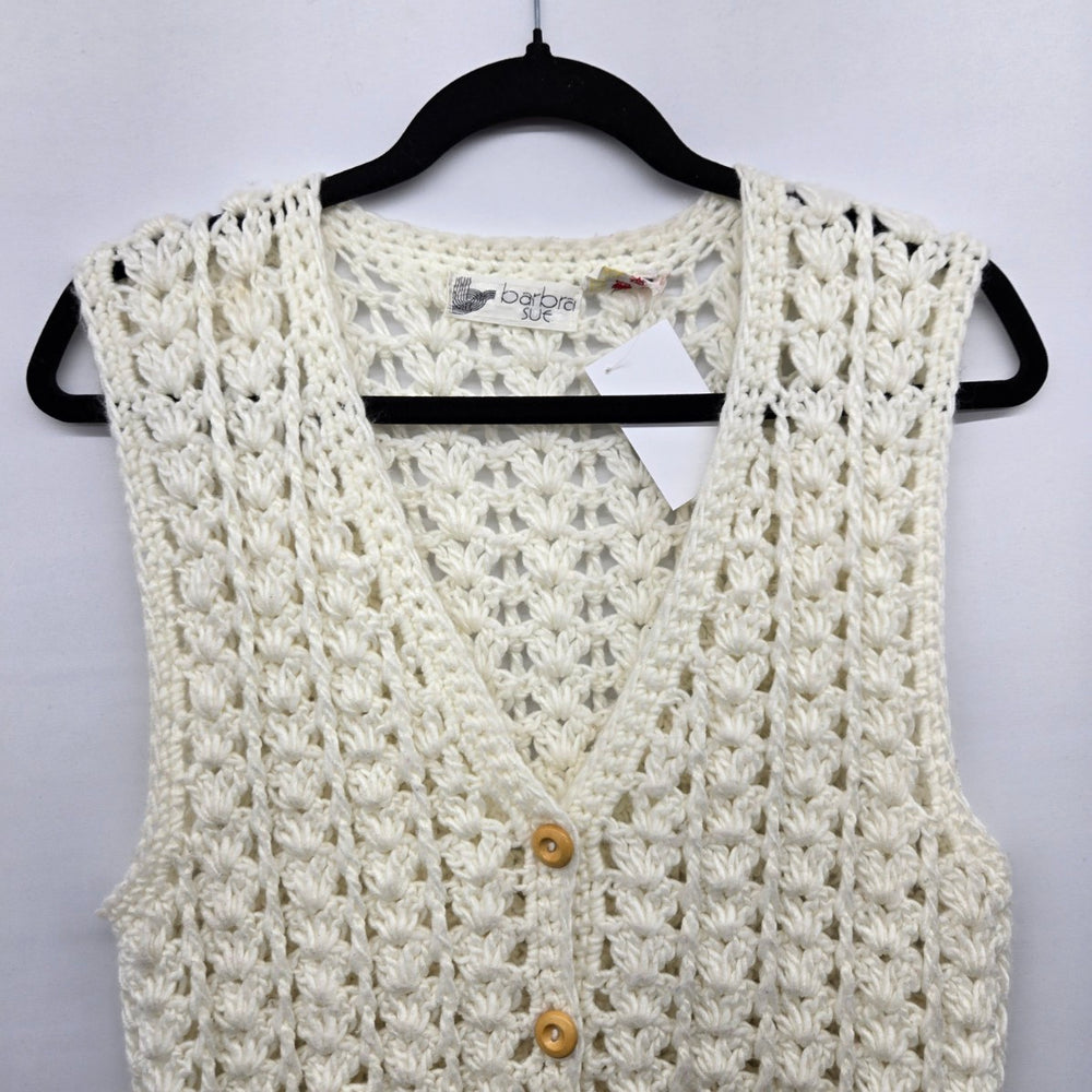 Vintage Barbra Sue Cream Crochet Knit Button Front Sweater Vest - Size S/M