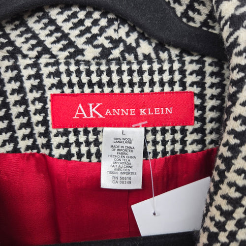 Anne Klein 100% Wool Houndstooth Plaid Blazer Jacket Black Cream - Size L