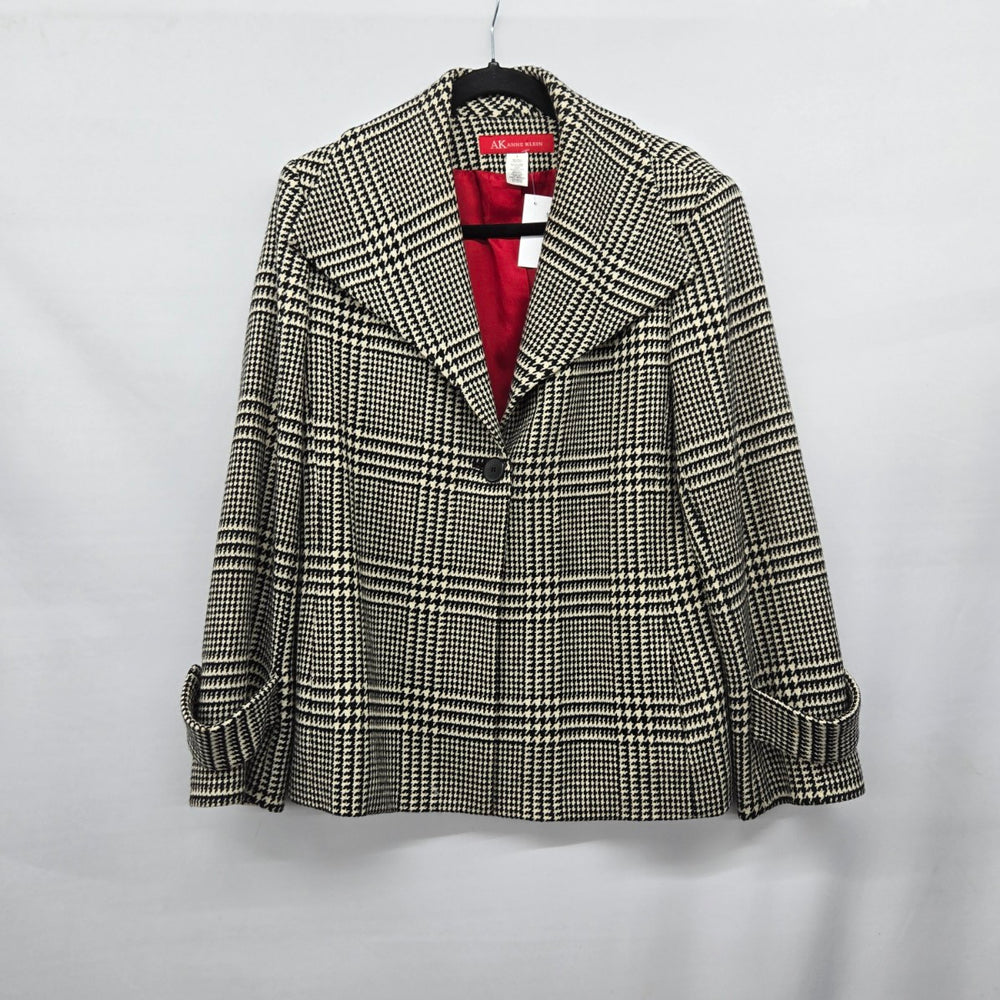Anne Klein 100% Wool Houndstooth Plaid Blazer Jacket Black Cream - Size L
