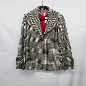 Anne Klein 100% Wool Houndstooth Plaid Blazer Jacket Black Cream - Size L