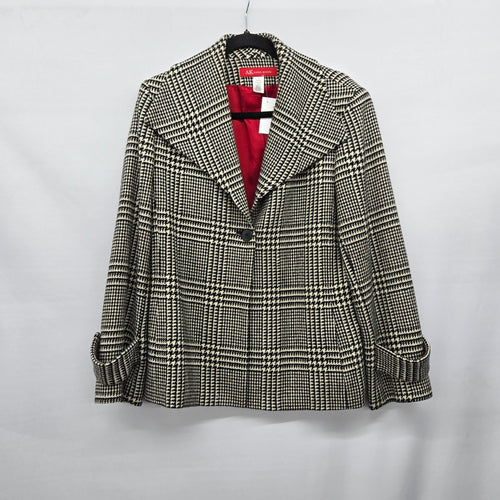 Anne Klein 100% Wool Houndstooth Plaid Blazer Jacket Black Cream - Size L