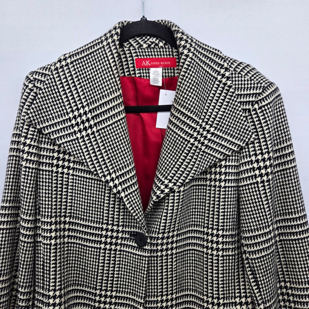 Anne Klein 100% Wool Houndstooth Plaid Blazer Jacket Black Cream - Size L