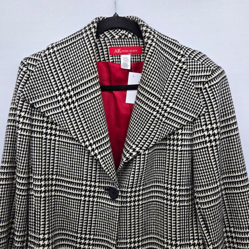 Anne Klein 100% Wool Houndstooth Plaid Blazer Jacket Black Cream - Size L