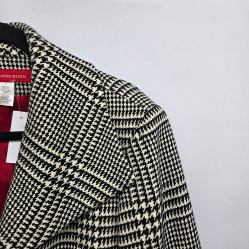 Anne Klein 100% Wool Houndstooth Plaid Blazer Jacket Black Cream - Size L