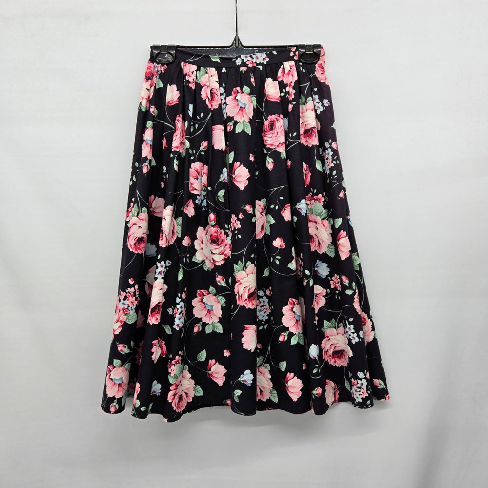 Vintage Black Floral Rose Print Square Dancing Midi Skirt Size S
