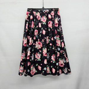 Vintage Black Floral Rose Print Square Dancing Midi Skirt Size S