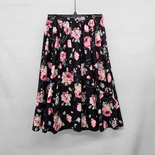 Vintage Black Floral Rose Print Square Dancing Midi Skirt Size S