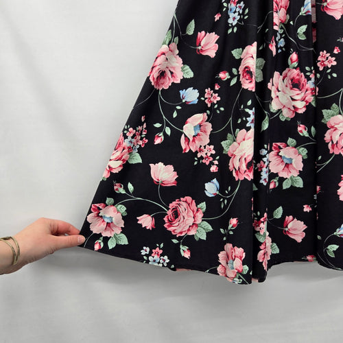 Vintage Black Floral Rose Print Square Dancing Midi Skirt Size S
