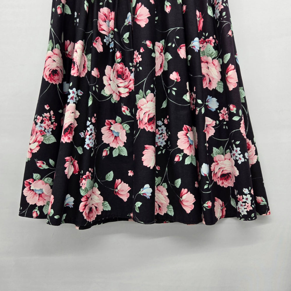 Vintage Black Floral Rose Print Square Dancing Midi Skirt Size S