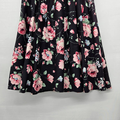 Vintage Black Floral Rose Print Square Dancing Midi Skirt Size S