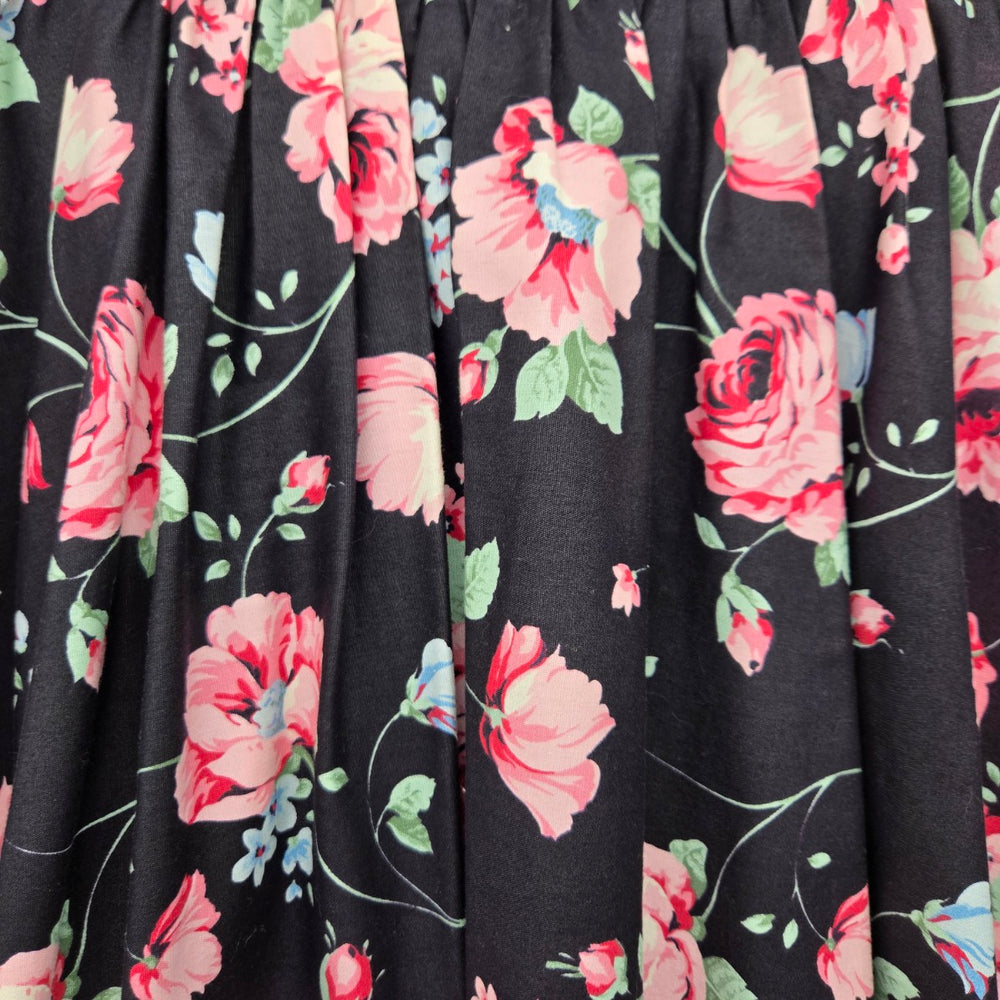 Vintage Black Floral Rose Print Square Dancing Midi Skirt Size S