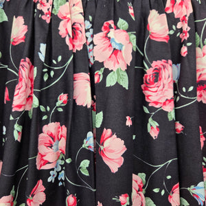 Vintage Black Floral Rose Print Square Dancing Midi Skirt Size S