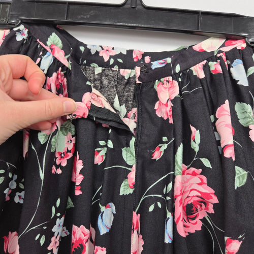 Vintage Black Floral Rose Print Square Dancing Midi Skirt Size S