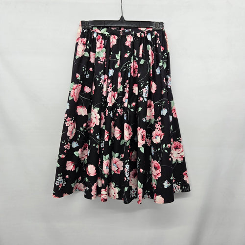 Vintage Black Floral Rose Print Square Dancing Midi Skirt Size S
