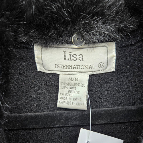 Lisa International Black Grey Colorblock Boiled Wool Fur-Collar Jacket - Size M