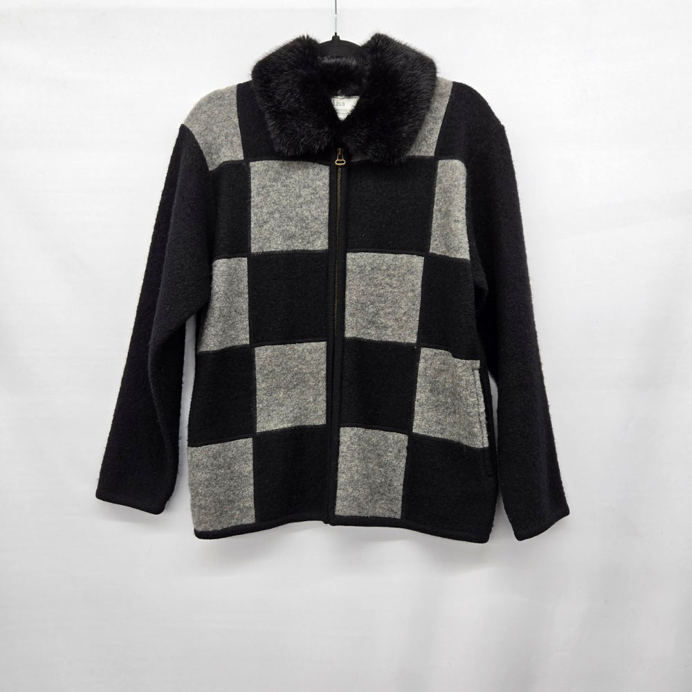 Lisa International Black Grey Colorblock Boiled Wool Fur-Collar Jacket - Size M