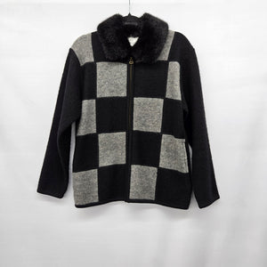 Lisa International Black Grey Colorblock Boiled Wool Fur-Collar Jacket - Size M