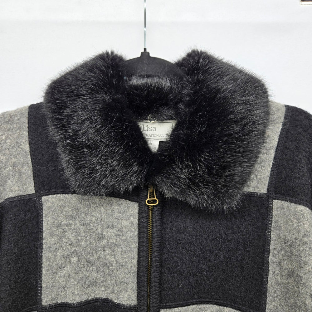 Lisa International Black Grey Colorblock Boiled Wool Fur-Collar Jacket - Size M