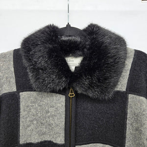 Lisa International Black Grey Colorblock Boiled Wool Fur-Collar Jacket - Size M