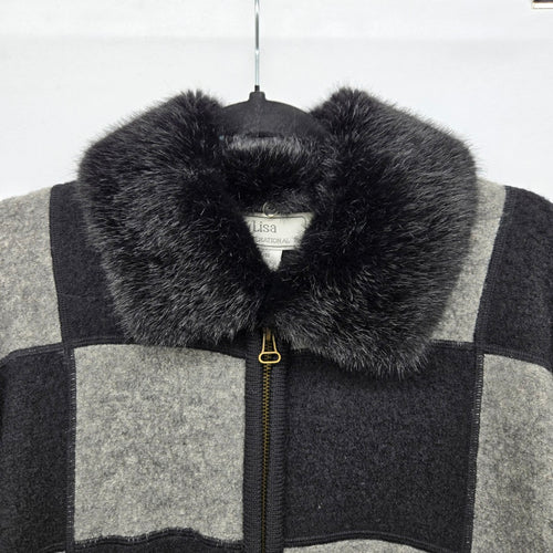 Lisa International Black Grey Colorblock Boiled Wool Fur-Collar Jacket - Size M