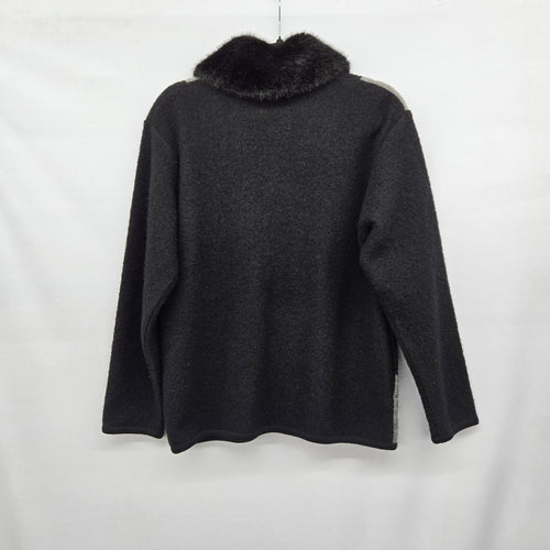 Lisa International Black Grey Colorblock Boiled Wool Fur-Collar Jacket - Size M