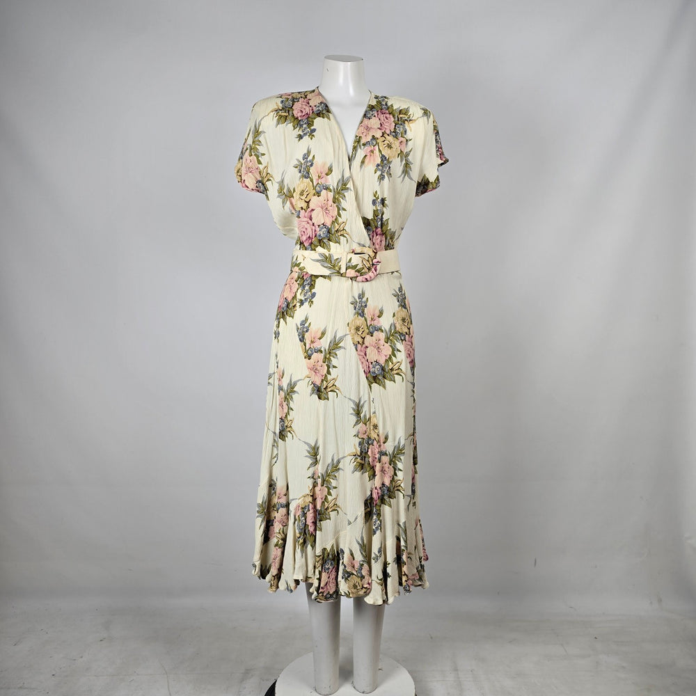 Vintage Emblem Floral Belted Midi Dress - Size M
