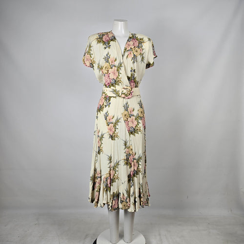 Vintage Emblem Floral Belted Midi Dress - Size M