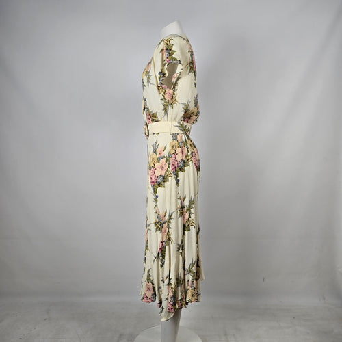 Vintage Emblem Floral Belted Midi Dress - Size M
