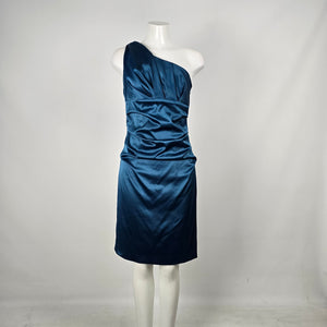 Le Château Teal One Shoulder Ruched Satin Cocktail Dress - Size S