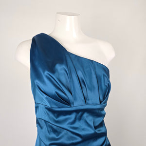 Le Château Teal One Shoulder Ruched Satin Cocktail Dress - Size S